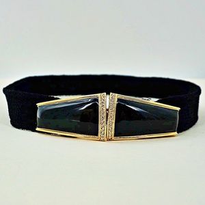 St John black knit belt with black enamel, gold plated, belt buckles